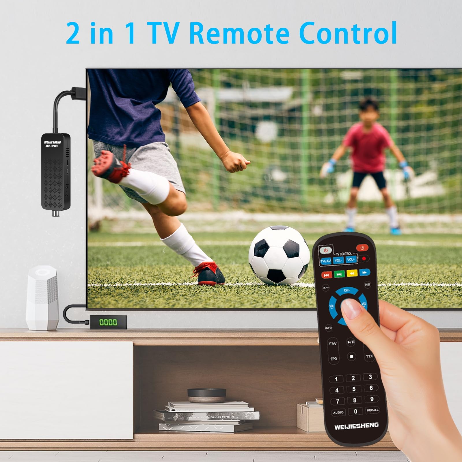 Decoder Digitale Terrestre 2025, Decoder DVB-T2-Mini TV Stick, HD 1080P H.265 HEVC Main 10-Bit,Supporto-HDMI, AV, Ethernet,USB WiFi,DLNA,PVR,Multimedia [Telecomando 2 in 1 con Controllo TV]