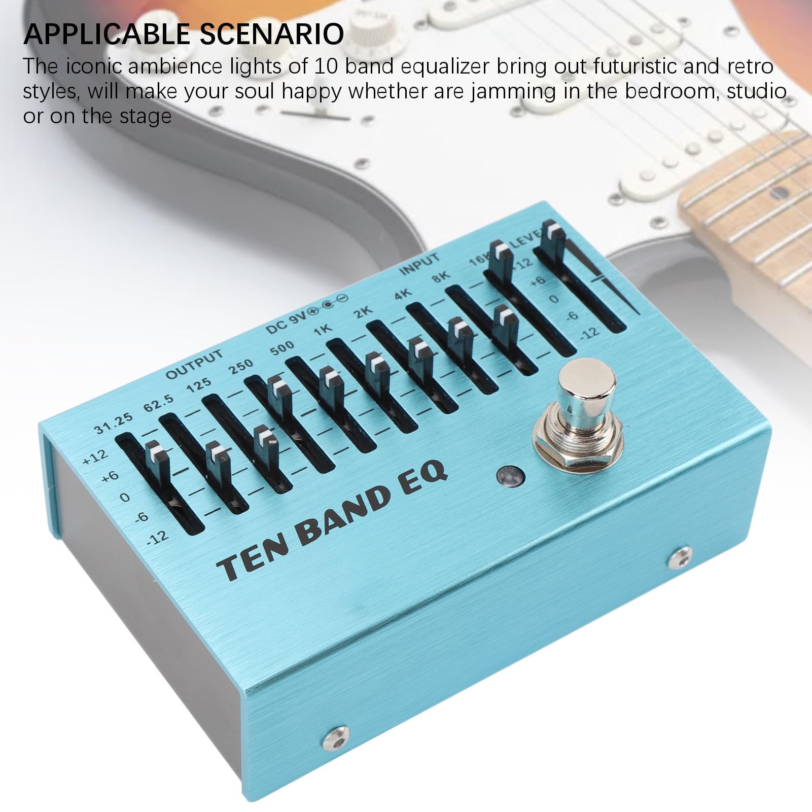 Alomejor 10-Band-EQ-Gitarren-Bass-Effektpedal, True Bypass-Metallgehäuse aus Aluminiumlegierung mit LED-Leuchten für 4-, 5-, 6- und 7-Saiter-Bassgitarren-Equalizer