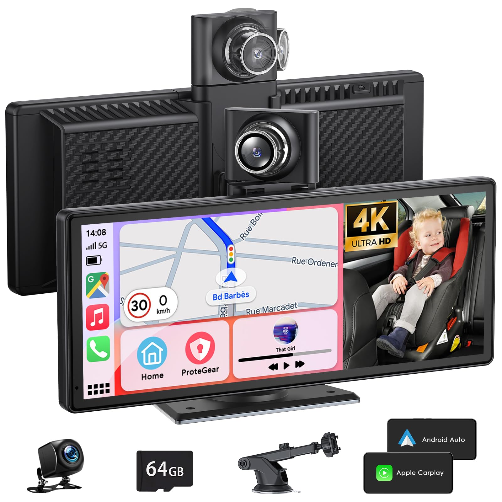 9,26 Calowy Przenośny Ekran z Bezprzewodowym CarPlay i Android Auto, Radio Samochodowe z 4K Dashcam Przednią I Tylną Kamerą 1080P HD/Bluetooth/FM/AUX/64G TF/Mirror Link/Voice Control/GPS