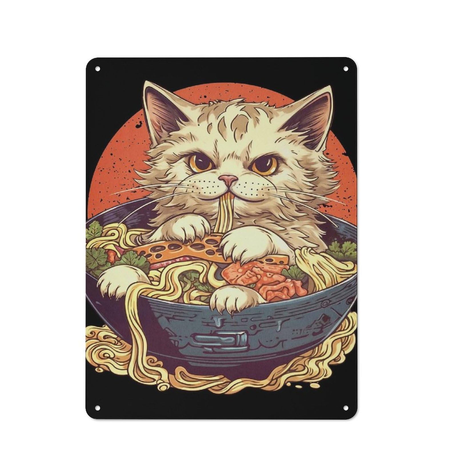 Junmoney Cat Ramen Japan Tin Wall Plaque 40X30cm With For Dining Room Or Kitchen, For Collectors Decorating Kitchens And Dining Spaces