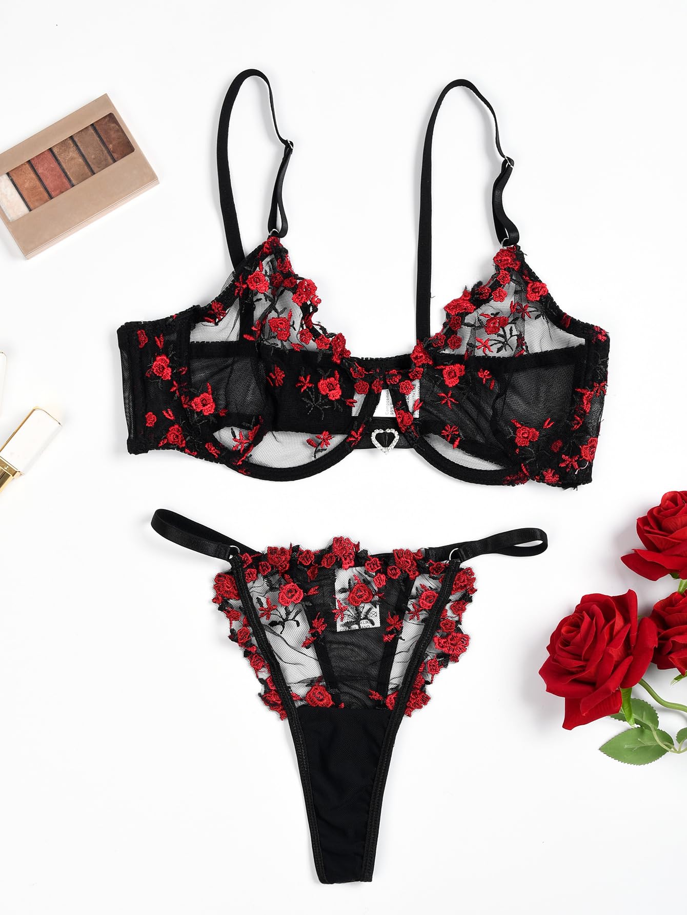 Conjuntos de lencería Sexy con Aros y Bordado Floral para Mujer, 2 Piezas con Sujetador de Malla Transparente y Panty de Cintura Alta, Ropa de Dormir Transparente con realce, Ropa Interior con Correa