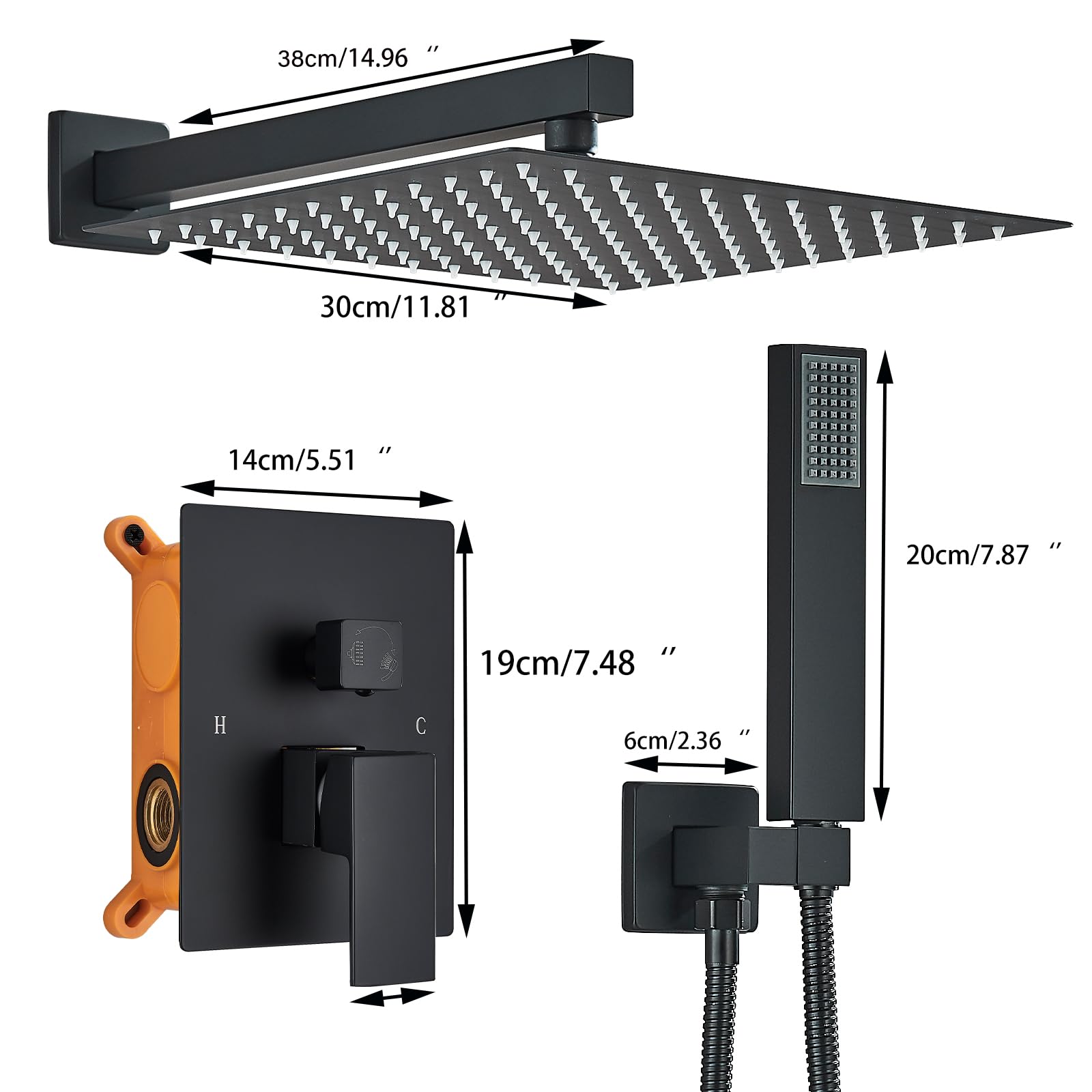 Set De Ducha Sistema Empotrado Negro,Columna para Baño,Alcachofa 30cmx30 cm, de Mano,Cuerpo de Latón