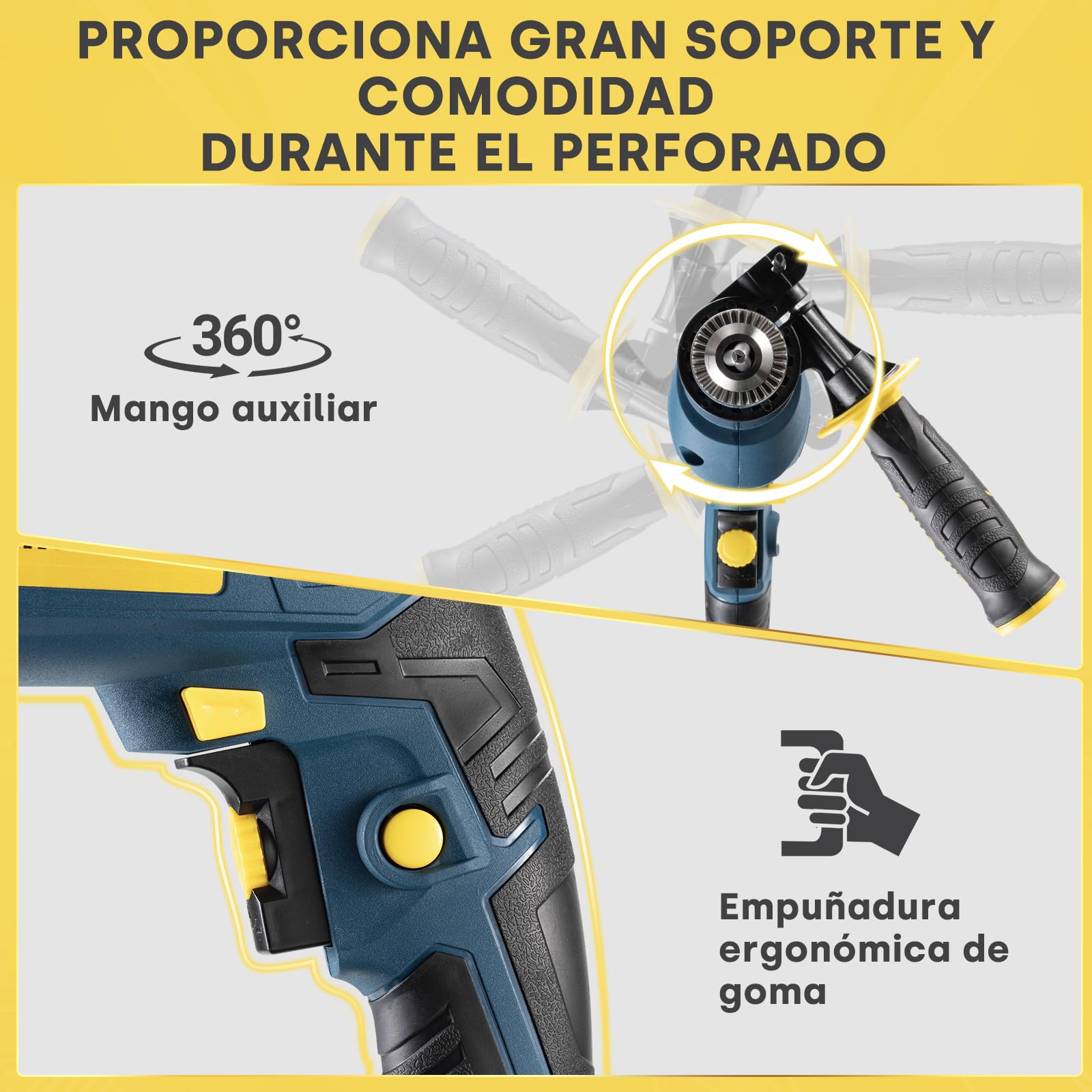 Enventor Taladro Percutor con Cable 750W, Mango Auxiliar de 360° | Función 2 en 1, Velocidad Variable 0-3100RPM, , Portabrocas de 13MM, para Concreto, Metal y Madera