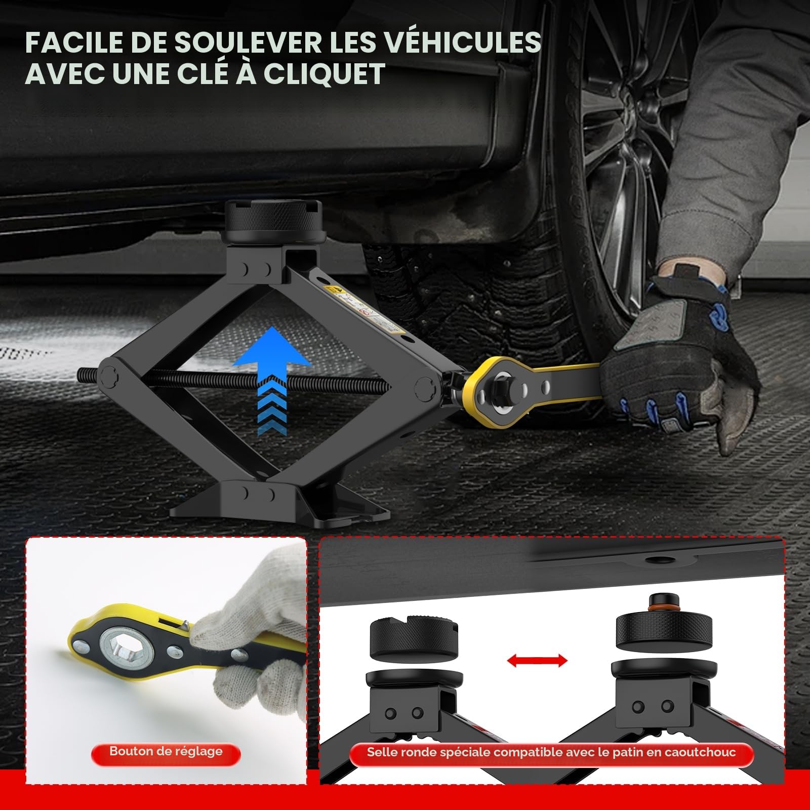 Cric Voiture 2.5T/2500kg IMAYCC Universel Crique Voiture avec 2 Tampon Caoutchouc, Portable Cric de Levage avec Clé pour Écrous de Roue, Set Urgence Automobile pour SUV MPV VoitureTesla
