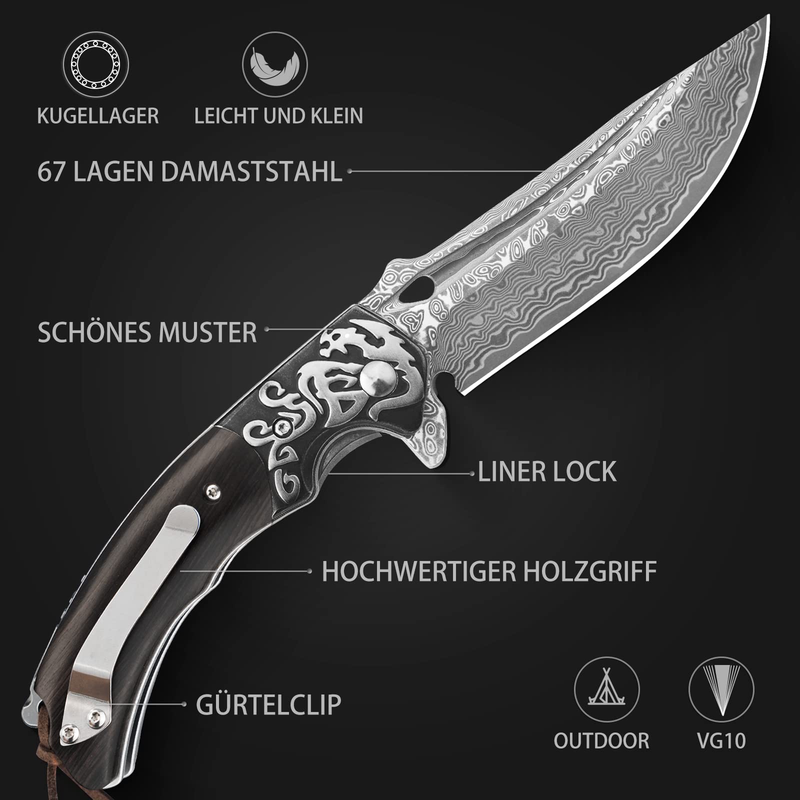 LOTHAR RHAEGAL Damast Klappmesser, Taschenmesser aus 67 Lagen VG10 Damaststahl, Damast Einhandmesser mit Holzgriff, für Sammlung oder Geschenk (Ebenholz)