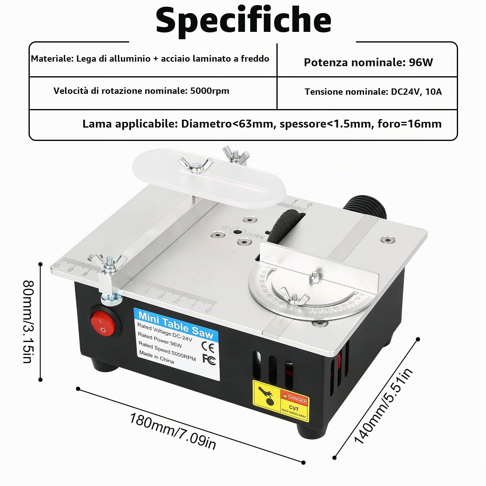 Mini Sega Circolare da Tavolo, Mini Sega da Tavolo di Precisione Portatile 96 W, Alimentatore a 7 Velocità, Lama Regolabile da 0,1 a 15 mm, Multifunzionale per Progetti di Falegnameria DIY