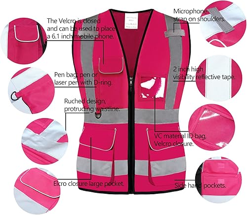 Miniatura 5 de Chaleco de seguridad para mujer clase 2 Hi Vis reflectante con 7 bolsillos y cremallera, cumple con las normas ANSIISEA