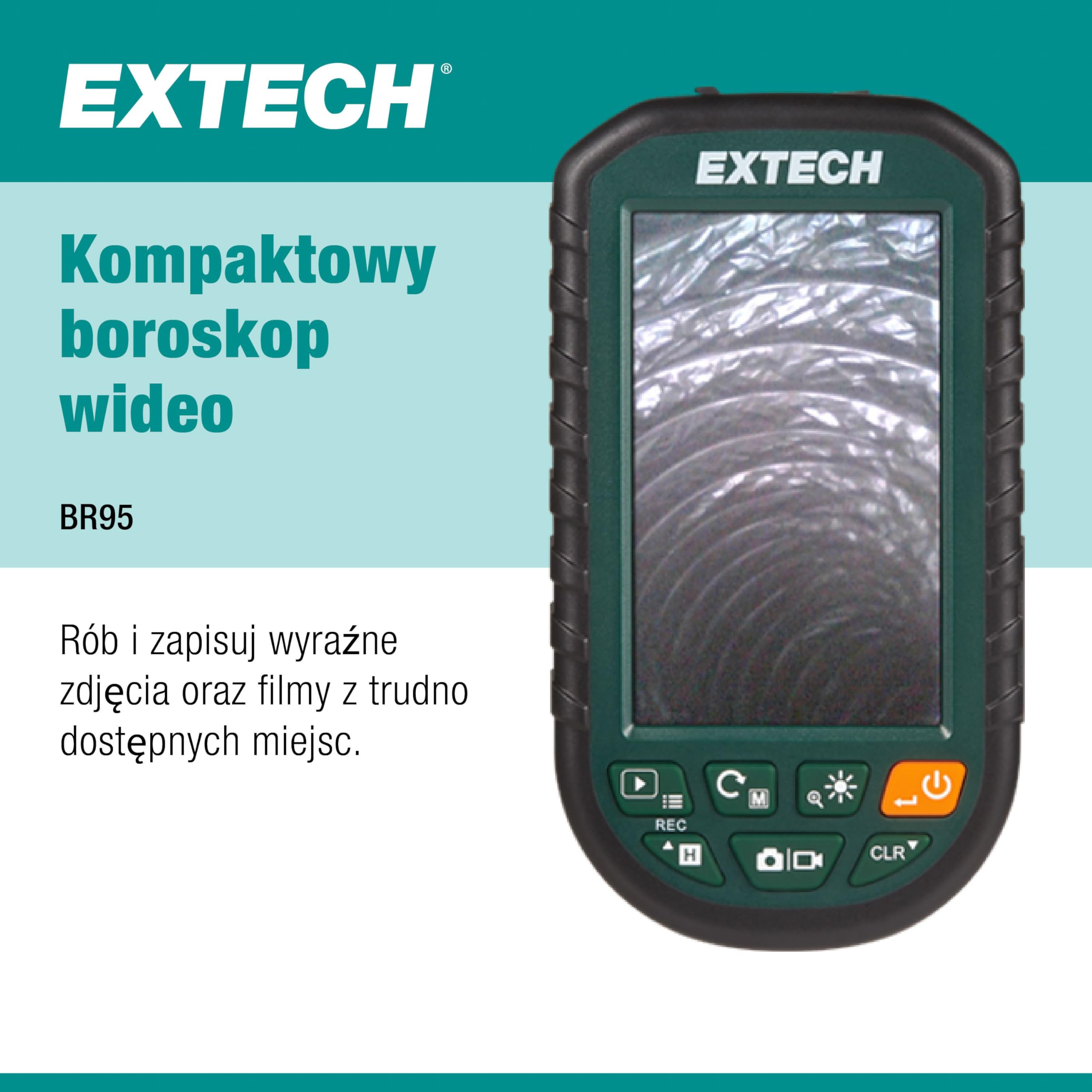 Extech BR95 Kamera inspekcyjna Compact Video Borescope – wodoodporna kamera typu Snake o średnicy 8 mm z oświetleniem, kolorowym monitorem LCD o przekątnej 4.3 cala