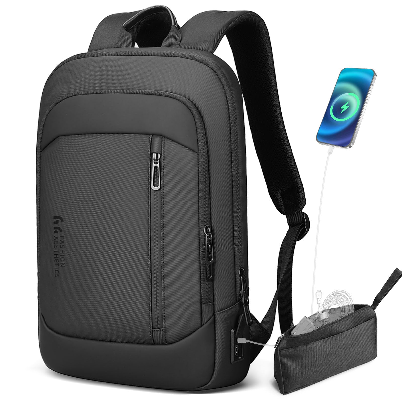 Sac à Dos Ordinateur Portable Homme 15,6 Pouces, Ultra Fin et Léger, Imperméable avec Ports USB A & C, Sac Business Antivol pour Travail, Bureau, Voyage et Déplacements – Noir