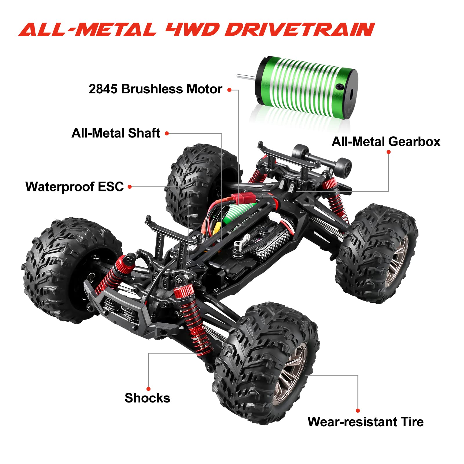 YONCHER YC250 Macchina Telecomandata Motore Brushless, 1/16 62+Km/h Alta velocità 4x4 Professionale Camion, 4WD 2 Batterie 40 Min+ Giocare Tempo, 2.4GHz Off Road 2 Auto Corpi per Adulti Bambini