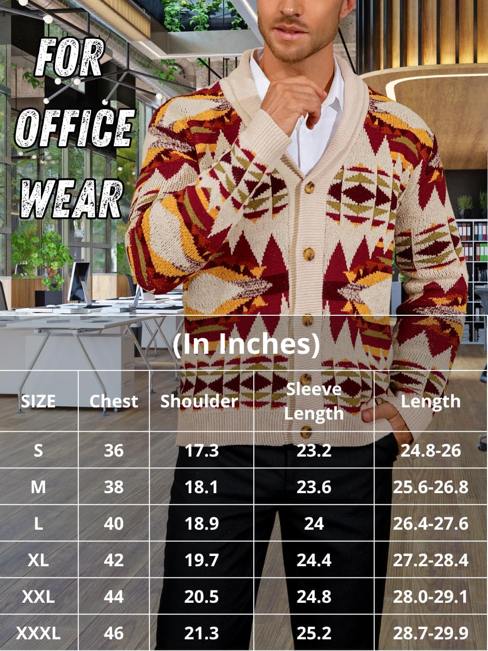 Men's Aztec Casual Cardigan with Pockets, Shawl Collar Button Down Crochet Western Sweater Coat Fits Chest 36-46 - Image 6