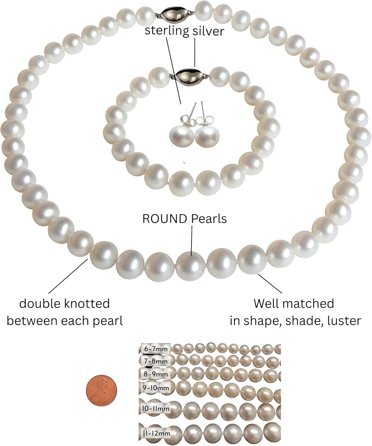 ROUND Real Pearl Necklace Set for Women Bracelet Stud Earrings Ivory Beige Cream White Pearl Jewelry Set Men Cultured Freshwater Wedding - Image 4