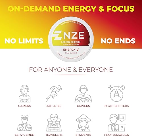 Miniatura 6 de NZE Bolsas nootrópicas de cafeína (cereza de limón)  Bolsas energéticas con 50 mg de cafeína, Alpha GPC, L-tirosina y L-teanina sin azúcar ni