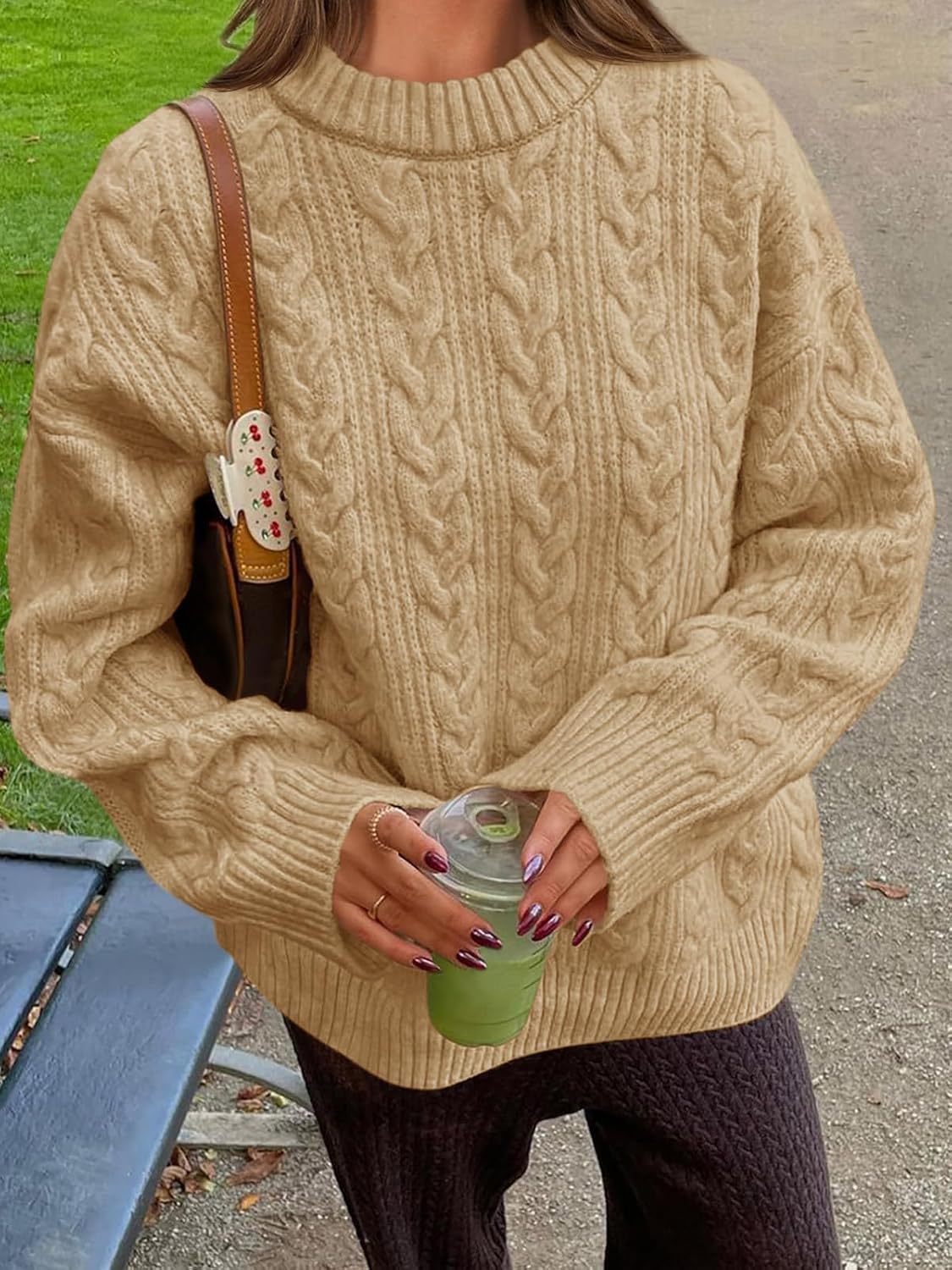 Saodimallsu Womens Cable Knit Sweater Oversized Long Sleeve Chunky Knit Crew Neck Fall Pullover Sweaters Top - Image 2