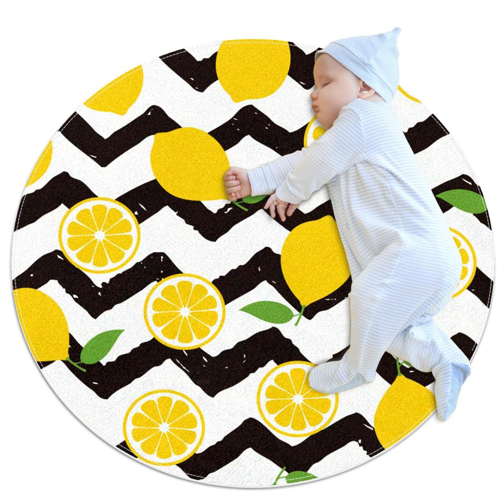 Tapis rond 100x100cm citron noir et rayures blanches pour salon