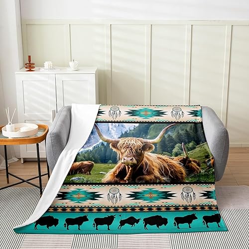 Miniatura 2 de Manta de vaca Highland Bull Southwestern Native Aztec Cobija Cowgirl Farm Animals Manta de forro polar exótico nórdico atrapasueños individual 60 x