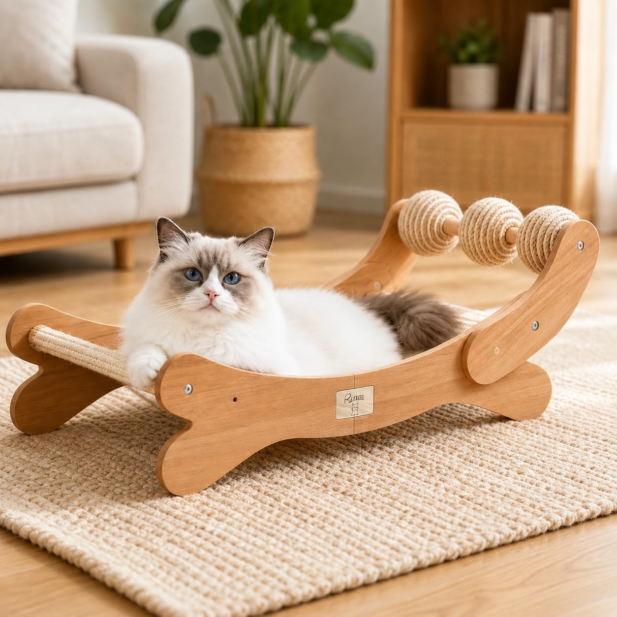 Sisal Cat Scratcher Bed with 3 Balls, Wood Hammock for Indoor Cats