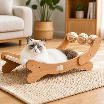 Sisal Cat Scratcher Bed with 3 Balls, Wood Hammock for Indoor Cats
