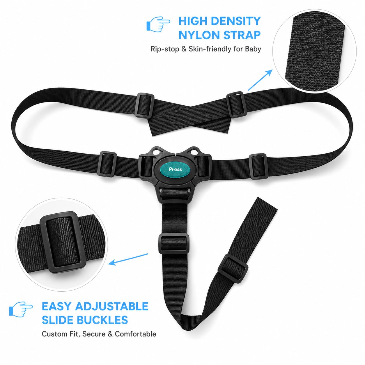 Adjustable 3 Point Harness Baby High Chair Straps, Nylon Tape, Strong Adhesive, Lightweight, Portable, for Baby Kid Stroller, Pushchair