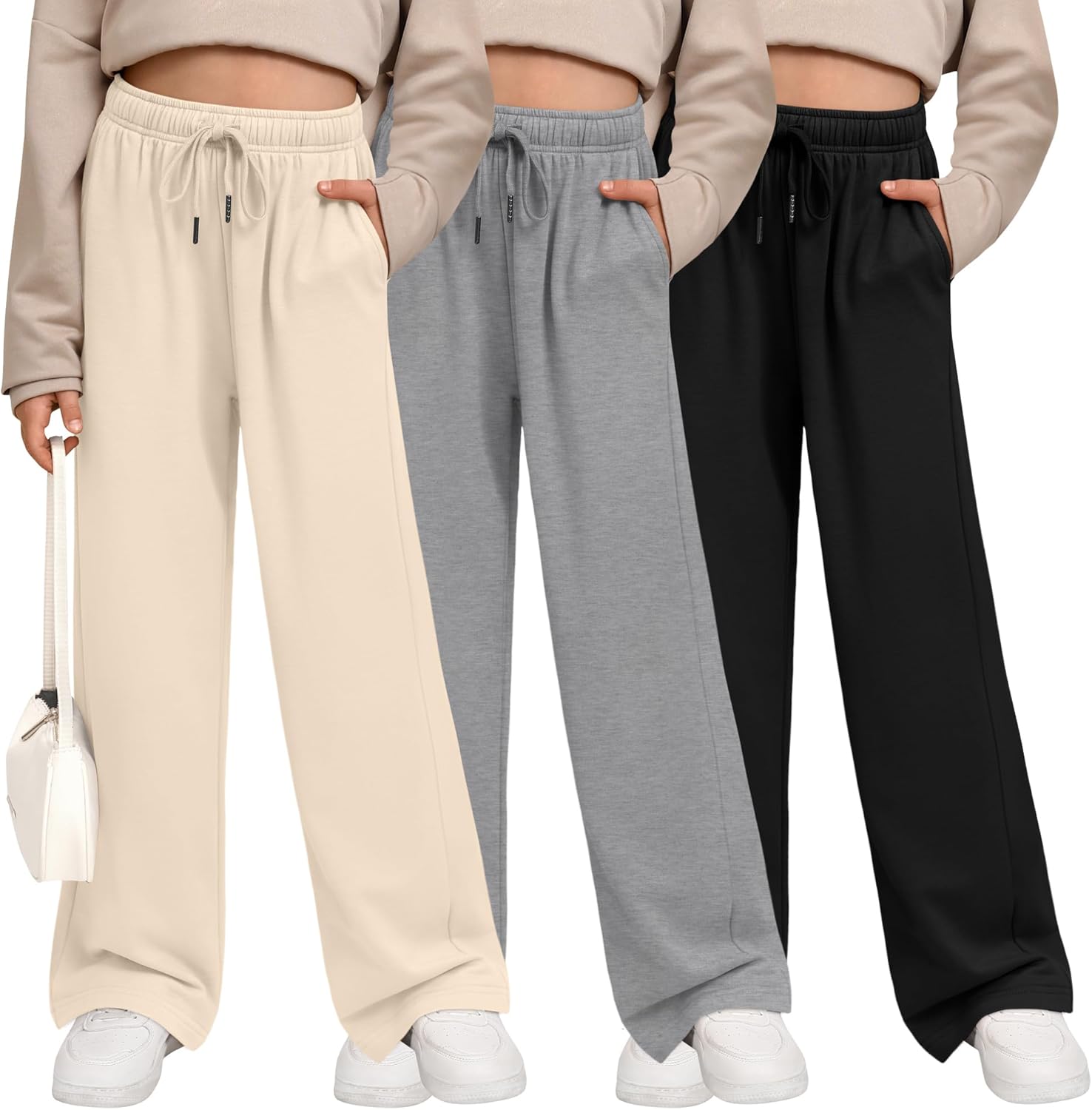 3 Pack Girls' Sweatpants Wide Leg Drawstring Casual Kids Joggers Open Bottom Loose Solid Teen Pants with Pockets