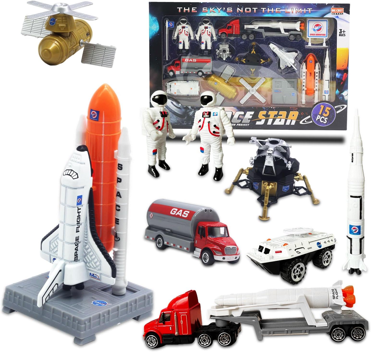 Space Shuttle Rocket Toys Set for Kids 3-9 Years - 15 PCS Die-Cast STEM Aerospace Toys with 3 Rocket Ships, 2 Astronauts, Lunar Lander, Satellite