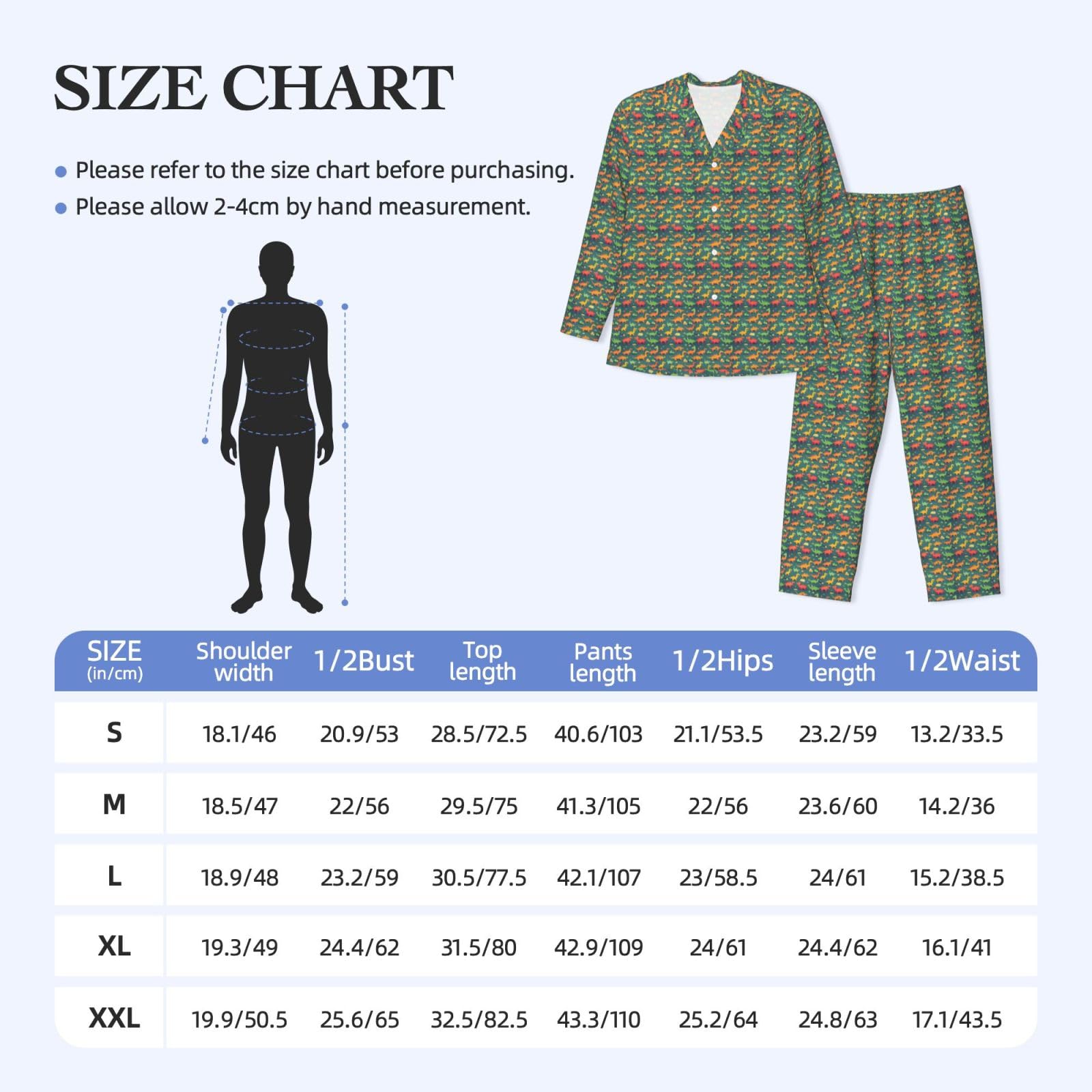 Langärmeliges Pyjama-Set für Herren, Motiv: viele kleine Dinosaurier, zweiteilig, bequeme Nachtwäsche