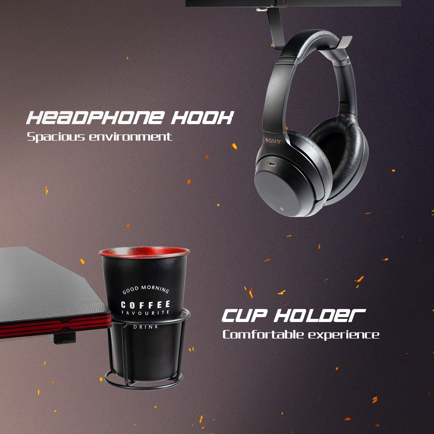Close-up of DESINO Gaming Desk showing headphone hook and cup holder