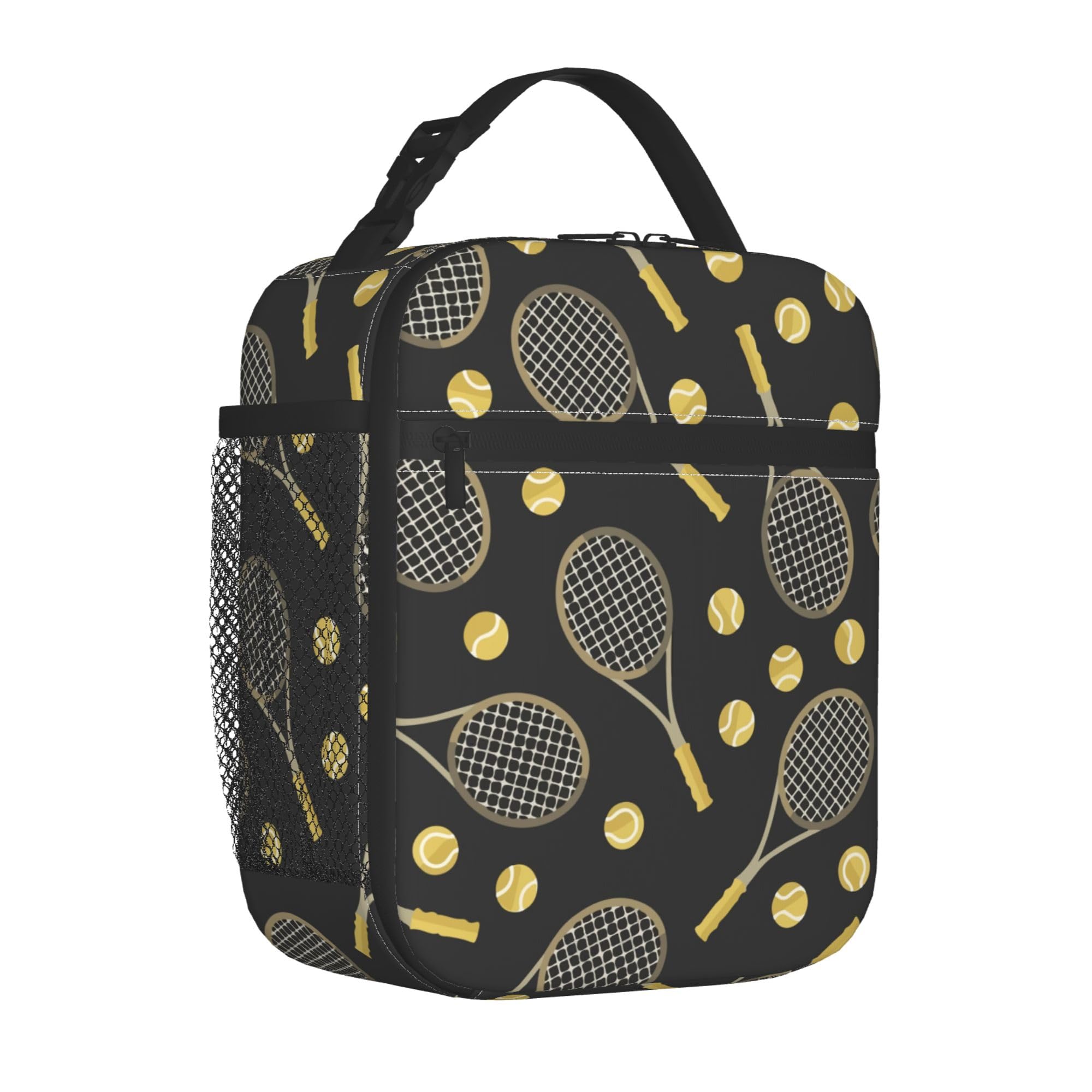 Nadie Men & Women Funny Colourful Tennis Racquets and Tennis Balls Art Lunch Bag Drinks Holder for Office Work, Multi Purpose Polyester Carry Case Container Quick and Simple Organization
