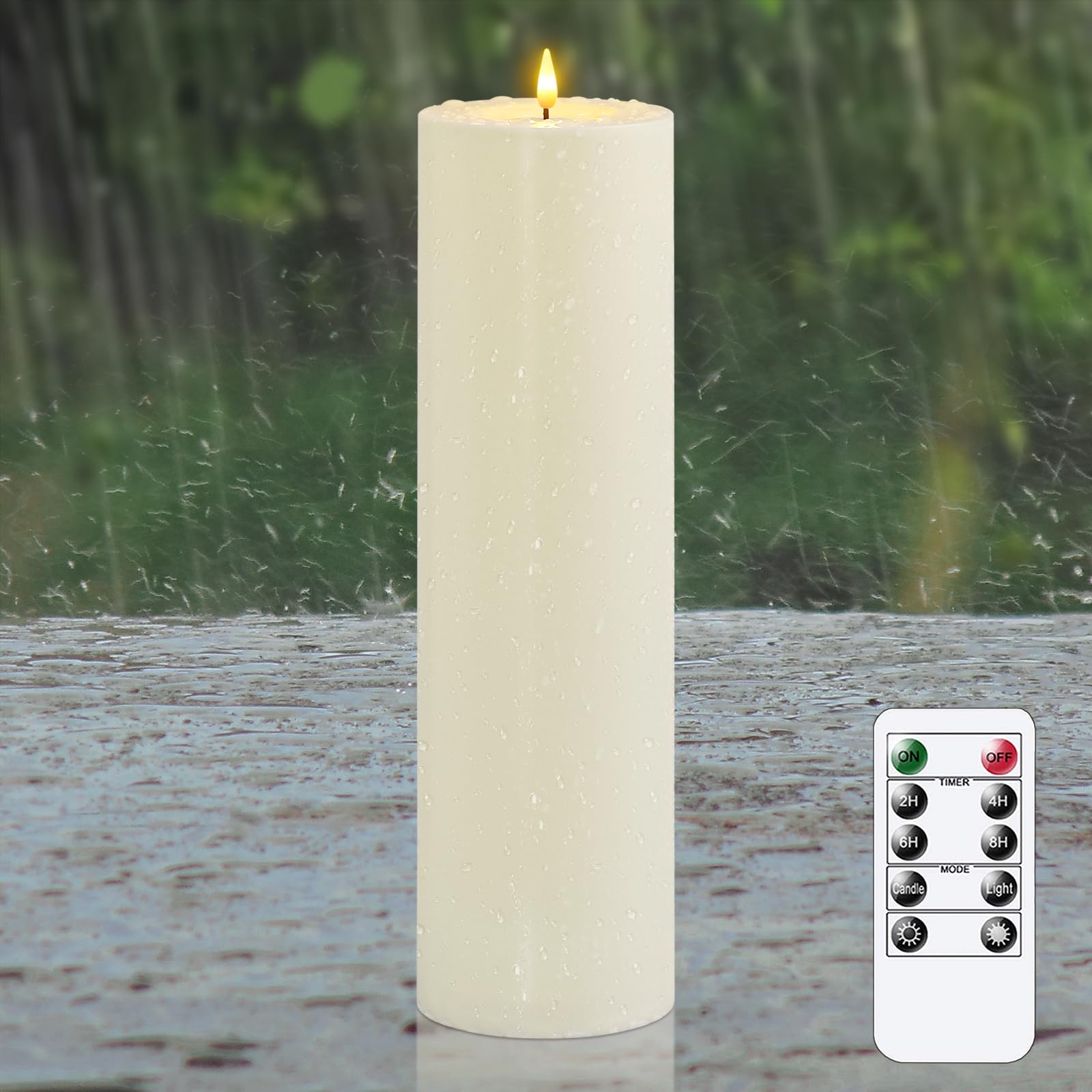 Yeelida 4" x14" Flameless Flickering Waterproof Candles with Remote, LED Battery Operated Timer Plastic Ivory Pack of 1 Pillar Candles for Outdoor Use (Long Lasting 420+ Hrs)