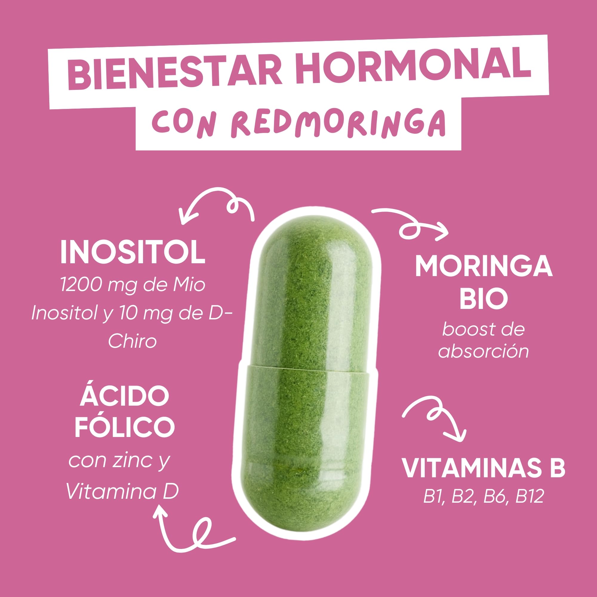 Myo-Inositol + D-Chiro Inositol | Vitaminas B12, B6, D, Ácido Fólico y Moringa Bio | Complemento Woman Balance PCOS (Síndrome de Ovario Poliquístico) | Regularidad Menstrual | 270 Cápsulas RedMoringa