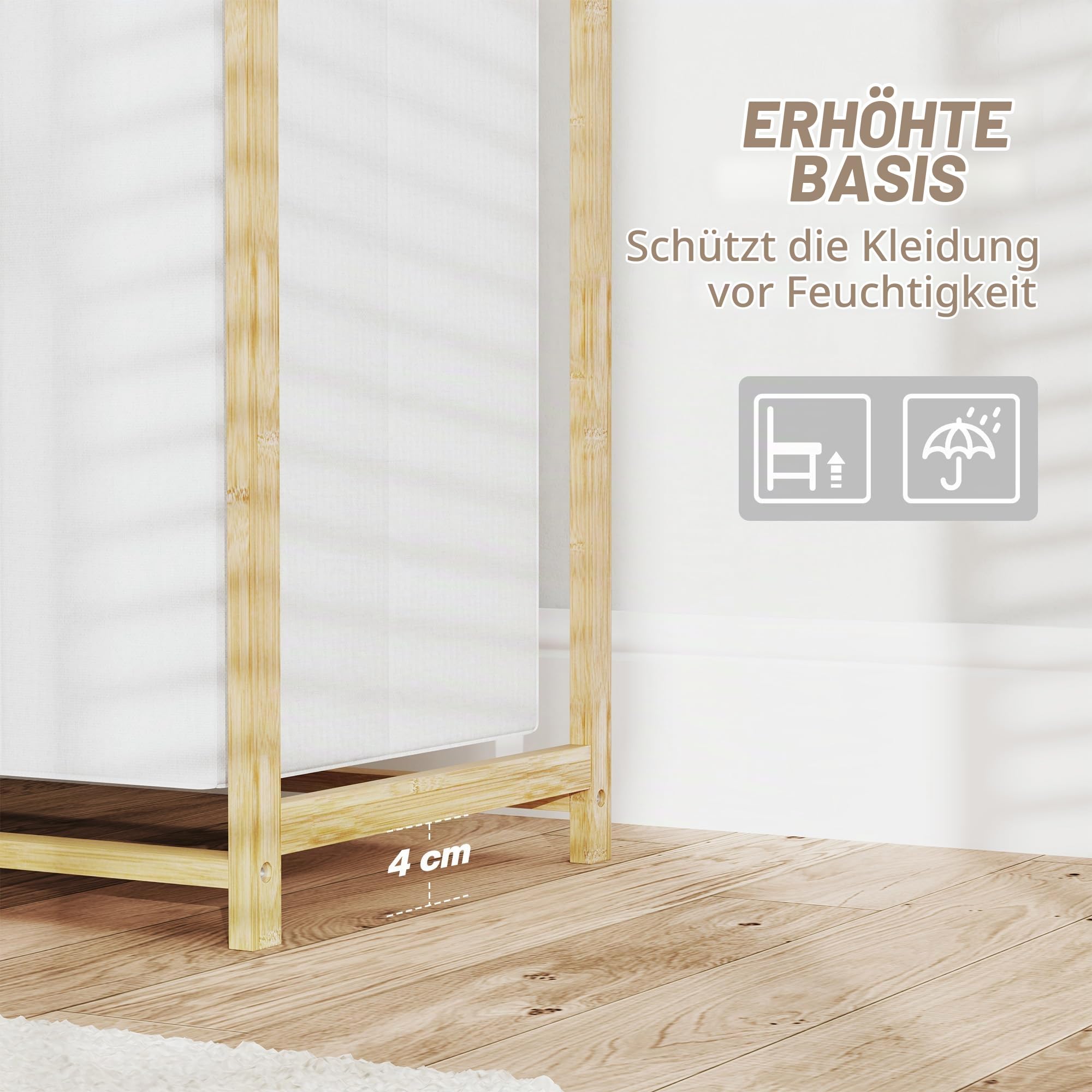 HOMCOM Wäschekorb 4 Fächer Bambus 83L mit Ablage Griff 70 x 36 x 70 cm Weiß | 2 Ausziehbare & Abnehmbare Wäschesäcke aus Vliesstoff, Wäschesammler, Wäschebox, Wäschesortierer