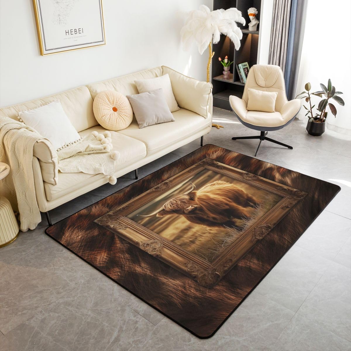 Erosebridal Highland Cattle Area Rug 3x5 Rustic Western Farmhouse Living Room Rug Non Slip Brown Highland Cow Woodland Animal Carpet for Bedroom Kitchen Country Cabin Indoor Floor Mat Non Slip