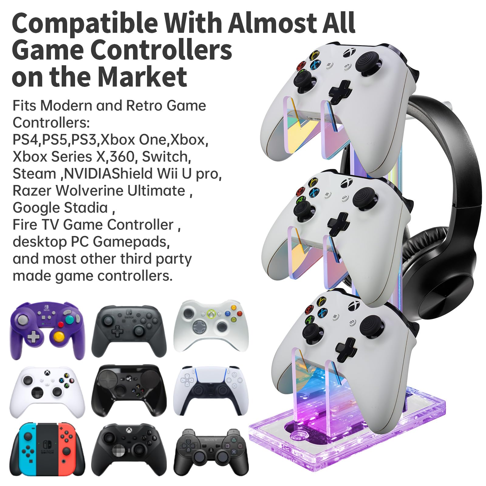 NiHome Iridescent Acrylic Multi-Tier Game Controller & Headset Holder Stand with Customizable LED Lighting, USB-Powered 7 Colors & 3 Modes, Anti-Slip Gaming Desk Organizer & Cable Management (3 Tiers)