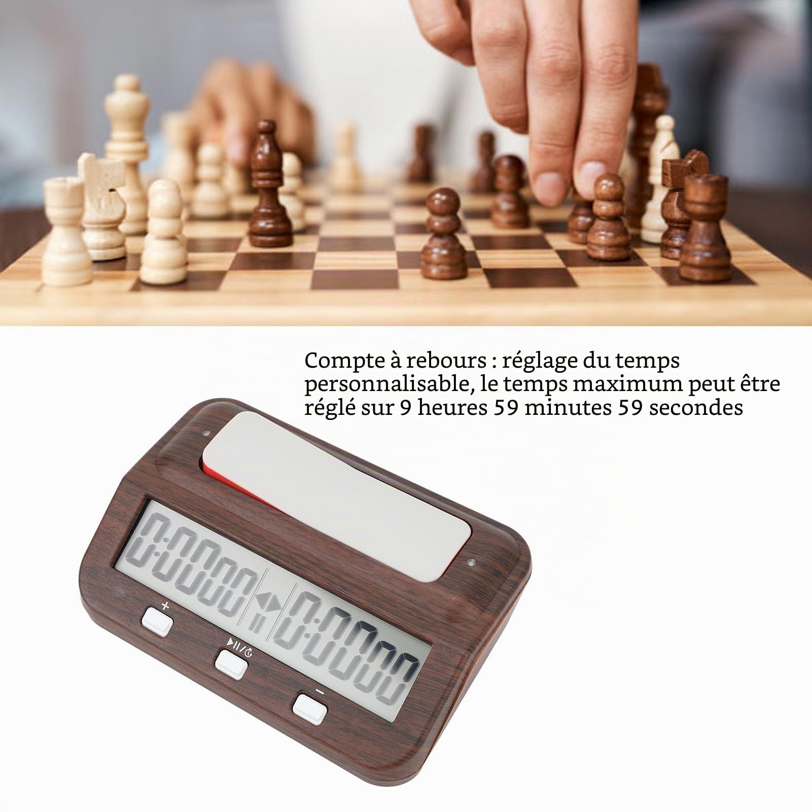 Horloge d'Échecs Numérique, Multifonction Portable avec Alarme Sonore Design Bois Élégant Minuteur Professionnel pour Tournois Jeux de Société Entraînement à Domicile Clubs