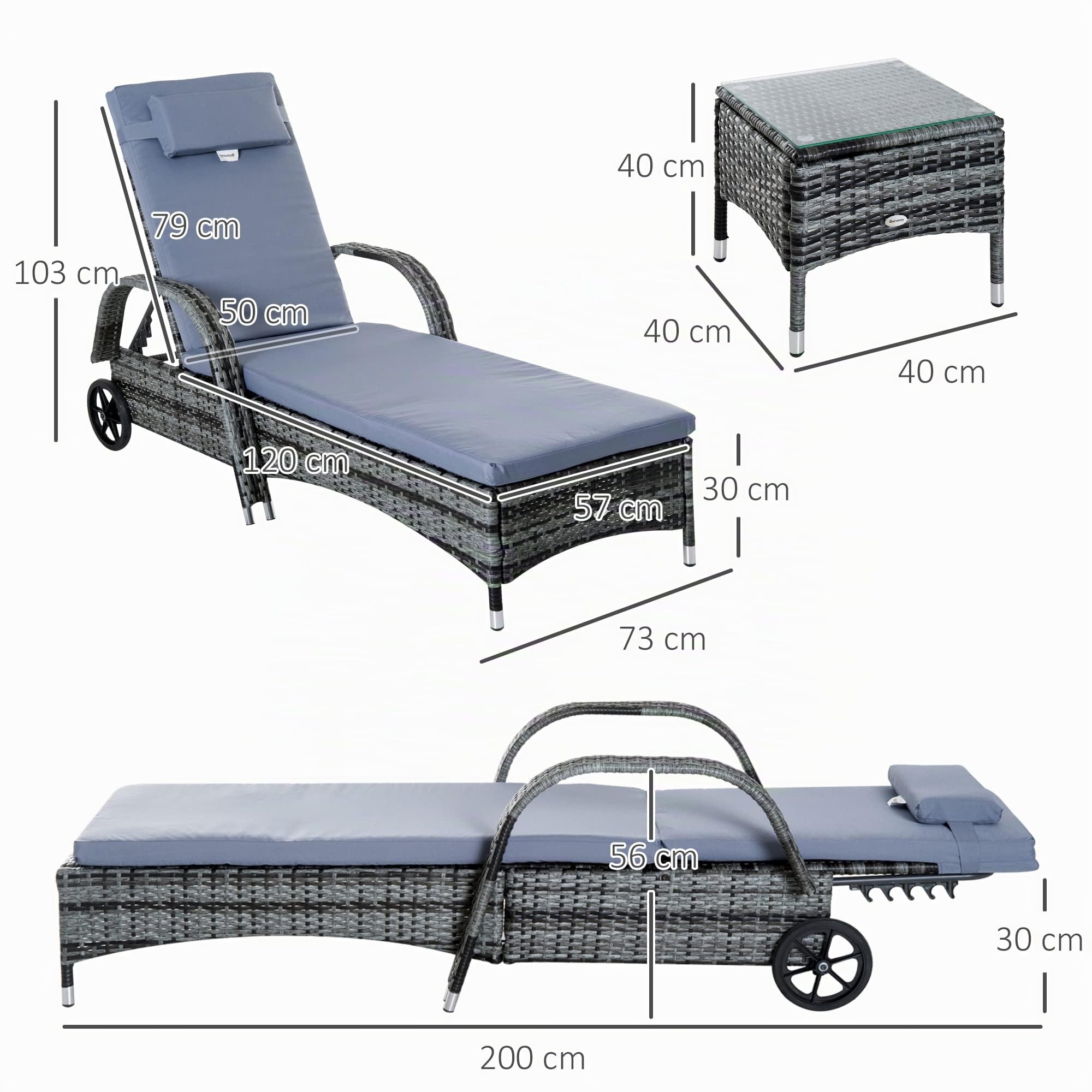 Outsunny Lot de 2 Transats Bains de Soleil Grand Confort : Matelas Gris