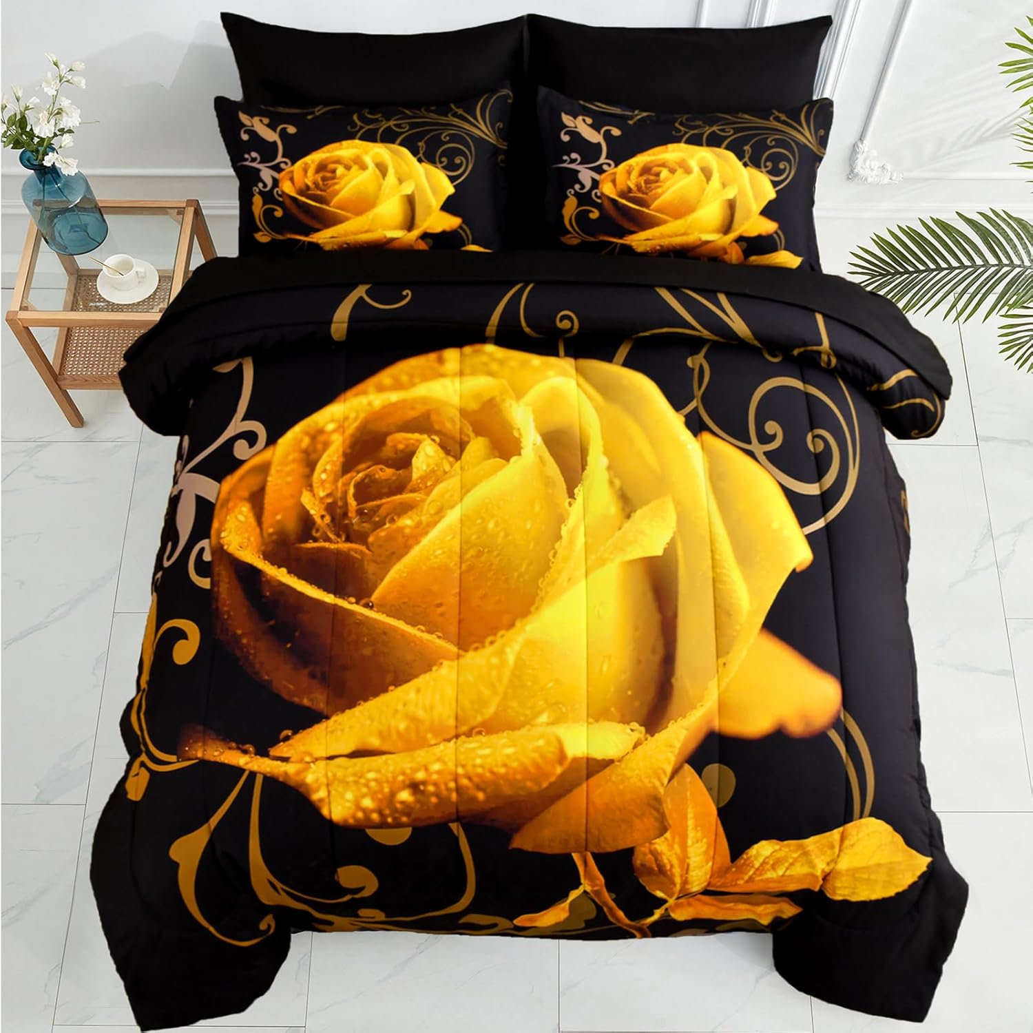WONGS BEDDING Yellow Comforter Set Queen, Reversible Yellow Rose 7 Pieces Bed in a Bag, Lightweight Soft Microfiber Bedding Sets with Flat Sheet, Fitted Sheet, Pillowcases & Shams