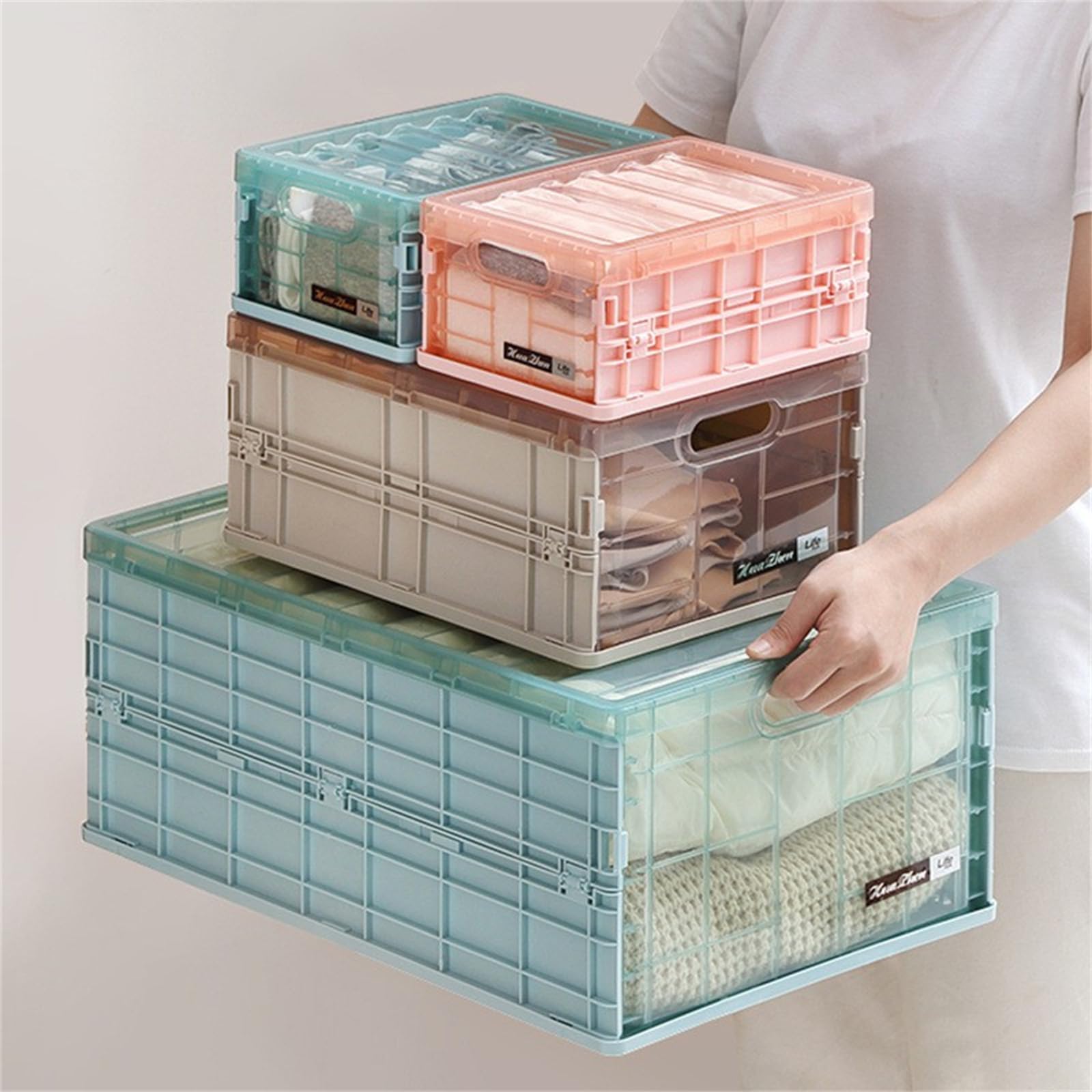 Scatole per Armadio con Coperchio Scatola Di Archiviazione In Plastica Scatola Di Archiviazione Trasparente Pieghevole Con Coperchio-F 44 * 30 * 21 Cm-Un