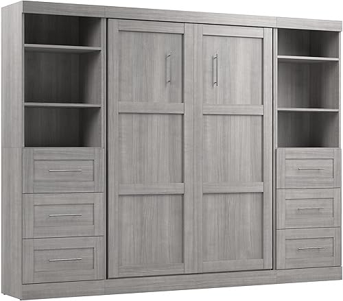 Vista 15 de Bestar Pur - Cama Murphy completa y 2 estanterías con cajones, cama de pared que ahorra espacio de 109 pulgadas Marrón (Rustic Brown)