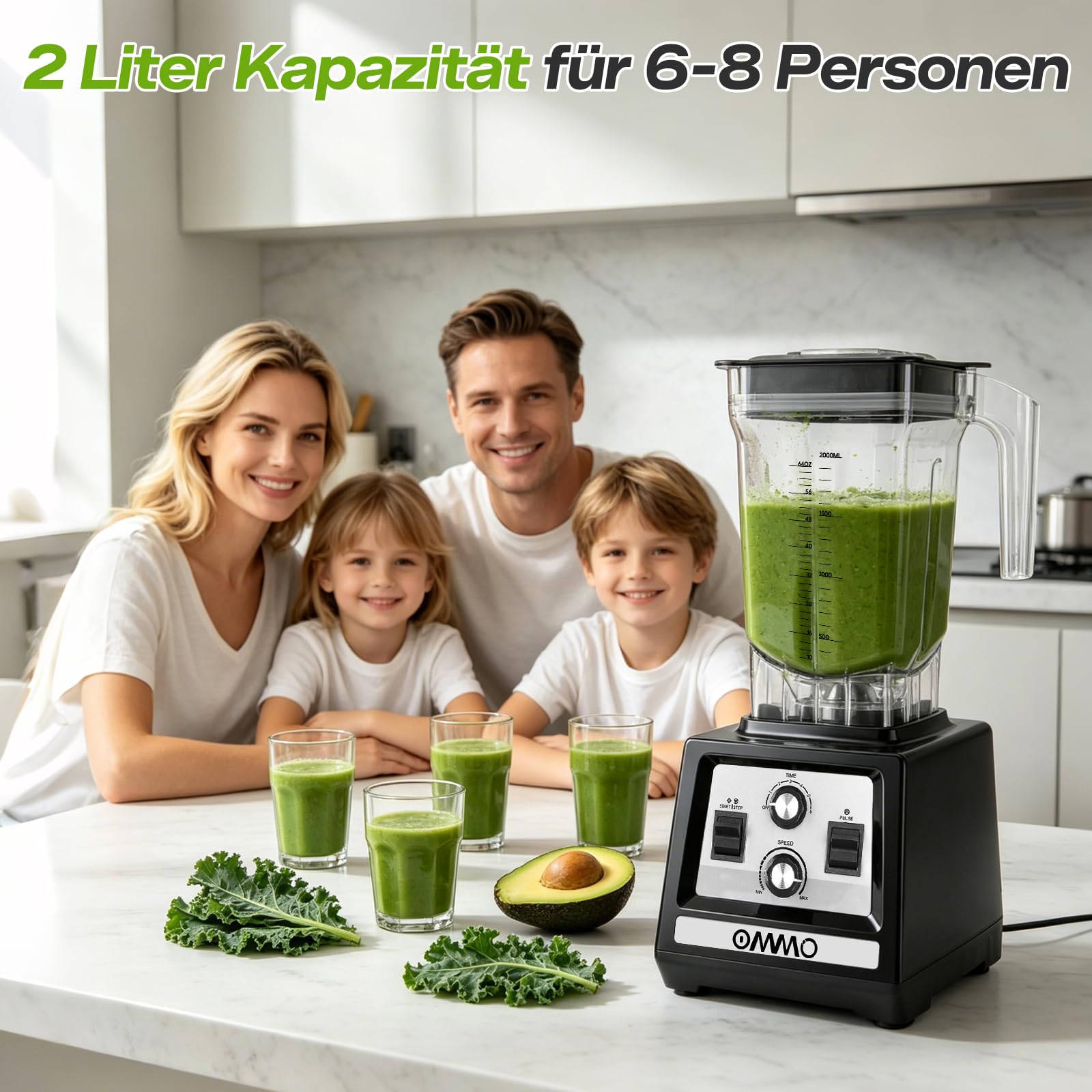 OMMO 2L Standmixer Hochleistungsmixer, Mixer Smoothie Maker Max 1800W | für Eisbrechen, Milkshakes, Gefriergetränke, Timer und Geschwindigkeitssteuerung, 6 Verbesserte Edelstahlklingen, BPA Frei