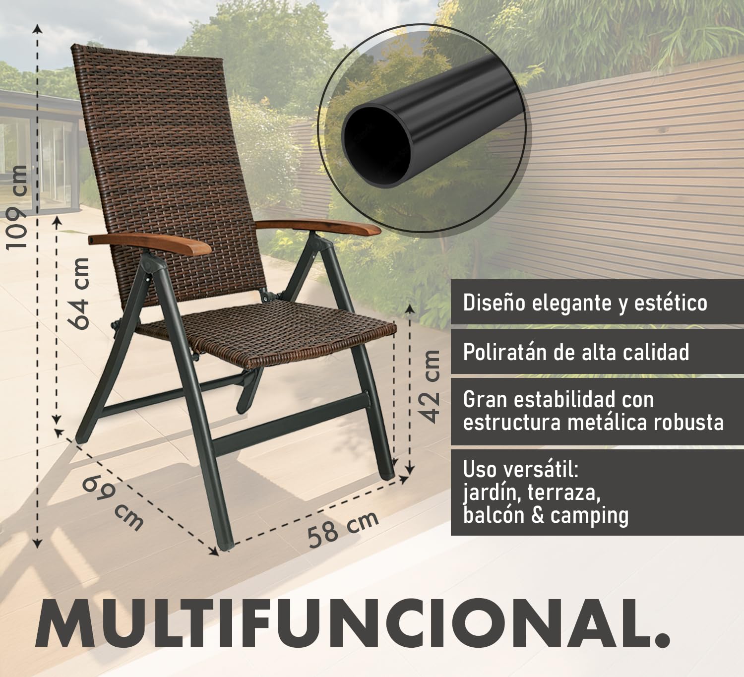 BRUBAKER Modena Silla de Jardín - Respaldo Alto Plegable - Respaldo Regulable en 7 Posiciones - Sillas Plegables Metal - Resistentes a la Intemperie - Gris/Marónn