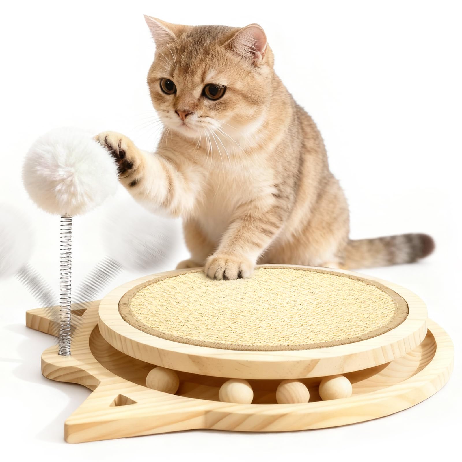 Katzen Kratzbrett, Massives Naturliche Sisal Kratzmatte, 4-IN-1 kratzbretter Katze mit kugelbahn & Pluschkugel, katzenspielzeug Holz