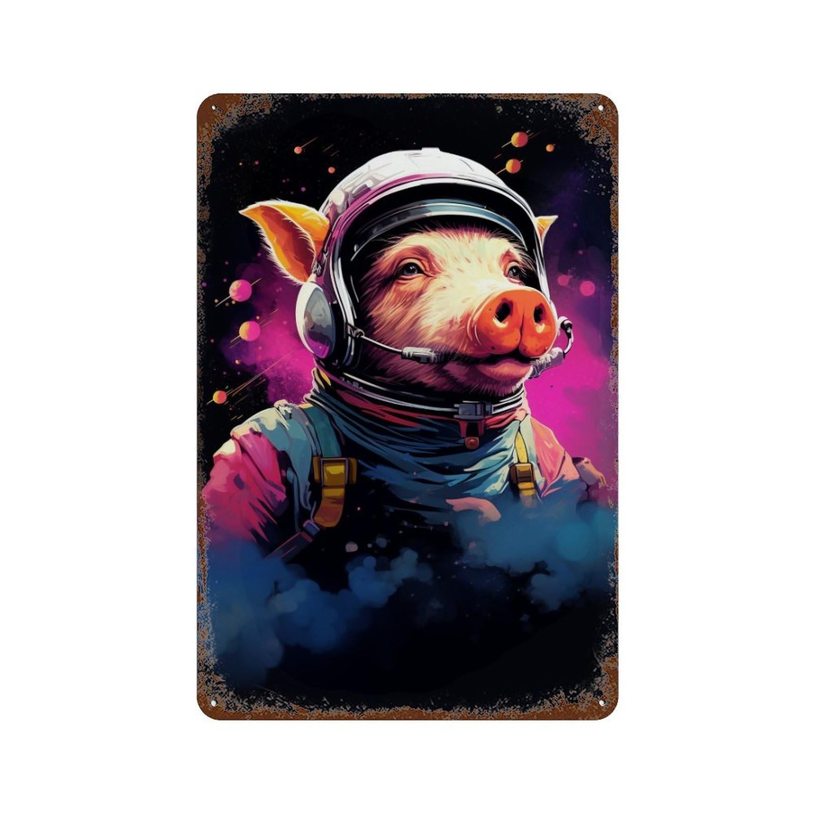 Pig Astronaut Space Suit Vintage Wall Sign 11.8"x7.9", Rust Effect Metal Decor for Shed, Workshop And Garage Wall Decor