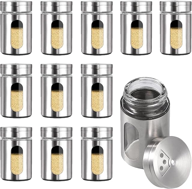 Tanice 12 Pack Spice Jars Storage Containers Set Stainless Steel Cruet With Rotatable Lid and Visual Window for Sugar, Salt, Icing Sugar, Flour, Chocolate, Cappuccino, Cocoa