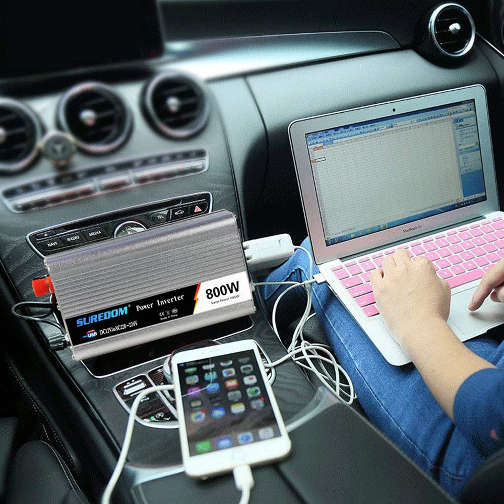 Inversor de Corriente 300W/500W/800W (alimentación Continua) DC 12/24V a 110V/220V AC Convertidor de automóvil con Salidas de CA y Puertos USB para computadora portátil iPad iPhone, 12vto220v-800w