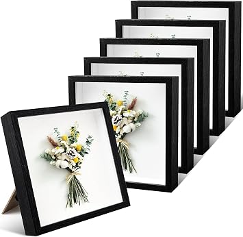 6 Pack Shadow Box Picture Frame,Wood Square Shadow Boxes Display Cases,1.2 Inch Interior Depth 3D Frames Shadow Box for Pictures, Flowers, Medals, Memorabilia,Tickets8 x 8 Inch
