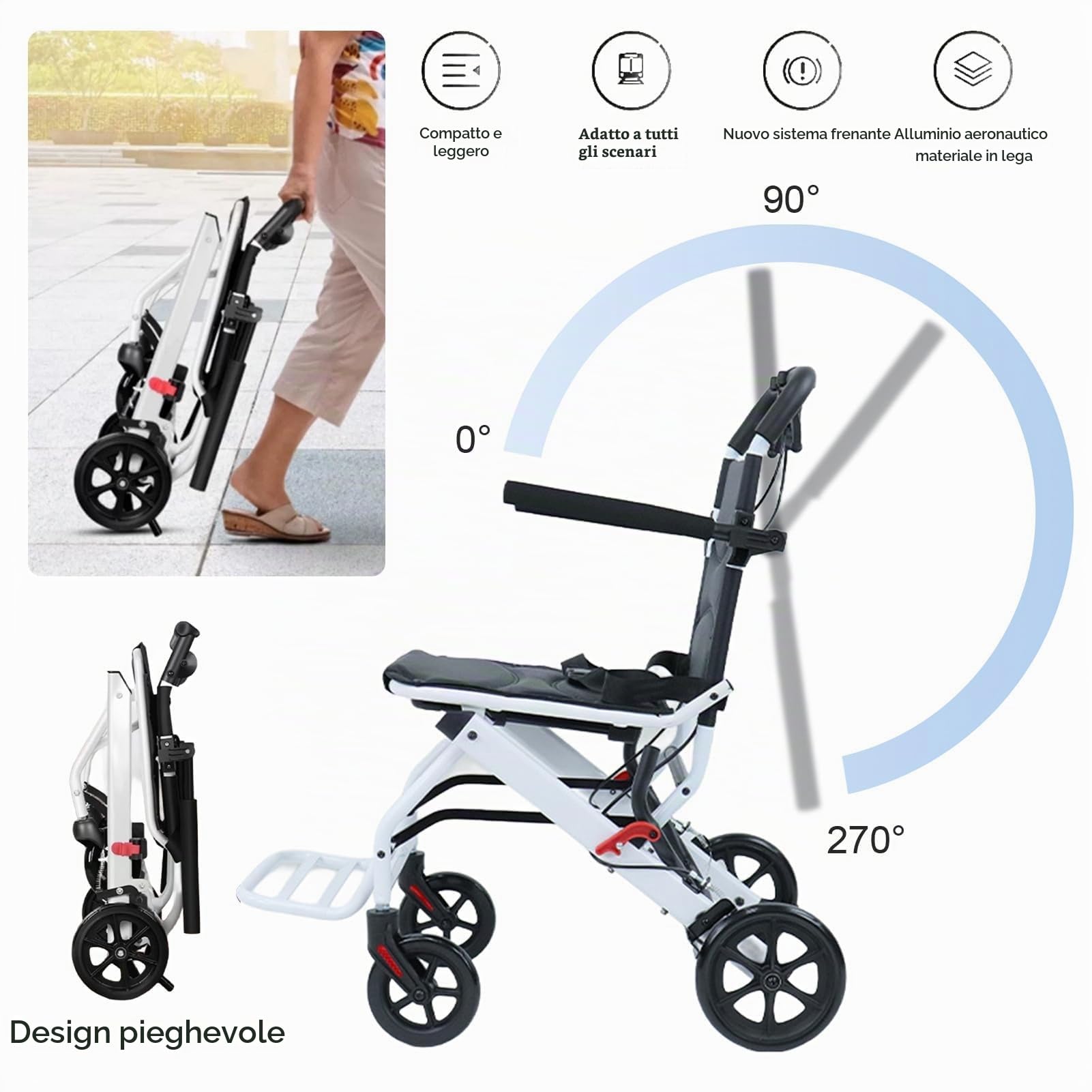 Sedia a rotelle da trasporto leggera, pieghevole, per adulti, con braccioli ribaltabili, cintura di sicurezza e pedale, sedia a rotelle portatile, ideale per anziani e viaggi, supporta 90,7 kg