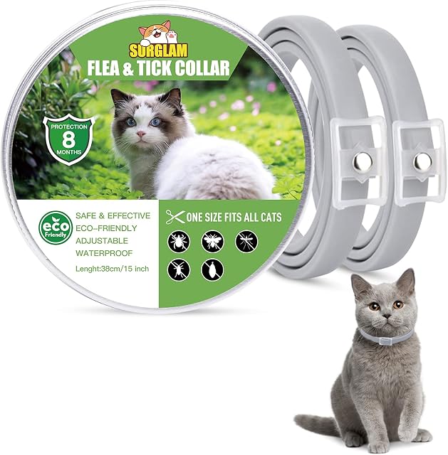 Cat Flea and Tick Collar, 8 Months Effective Protection Waterproof Adjustable Cat Flea Collar Natural Safe Flea Tick Treatment for Kittens Cats Puppies