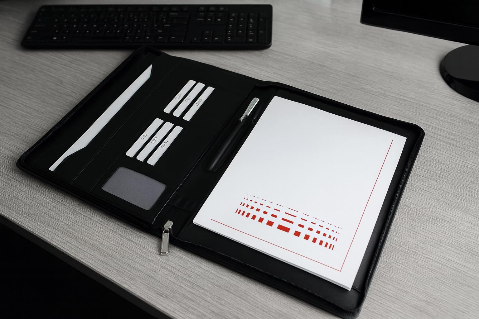 Porte-documents A4 en cuir de vachette véritable avec fermeture éclair, bloc-notes et compartiments