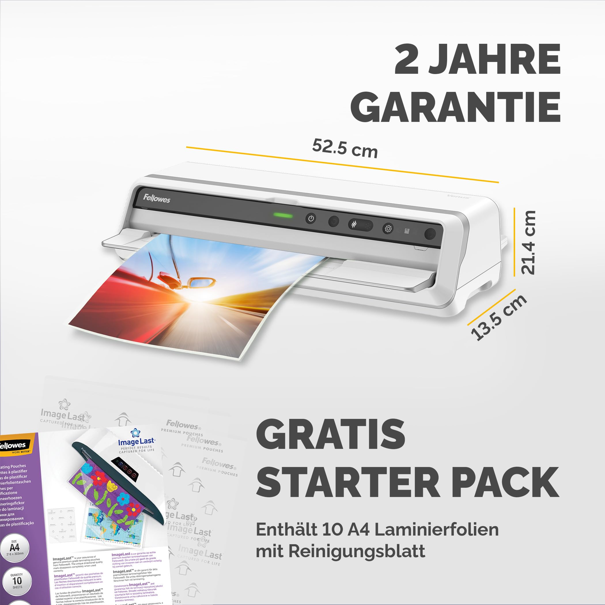 Fellowes Venus Laminiergerät A3 zum Heißlaminieren von 80-250 Mikron Laminierfolien, Intensivgebrauch, automatischer Rückwärtsgang, inkl. 10 Laminierfolien, weiß