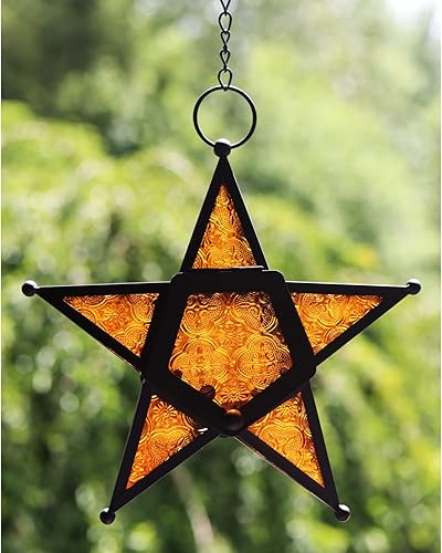 Juego de 2 faroles portavelas decorativos con forma de estrella, color ámbar